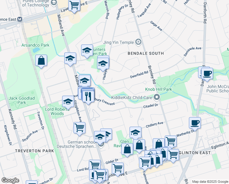map of restaurants, bars, coffee shops, grocery stores, and more near 36 Anola Place in Toronto