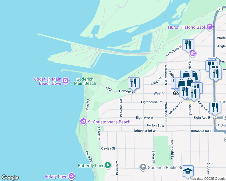 map of restaurants, bars, coffee shops, grocery stores, and more near Harbour Street in Goderich
