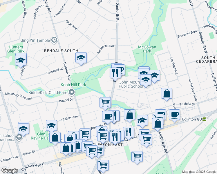 map of restaurants, bars, coffee shops, grocery stores, and more near 1330 Danforth Road in Toronto