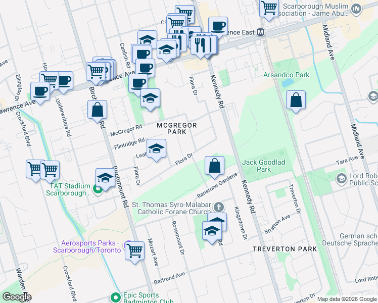 map of restaurants, bars, coffee shops, grocery stores, and more near 98 Flora Drive in Toronto