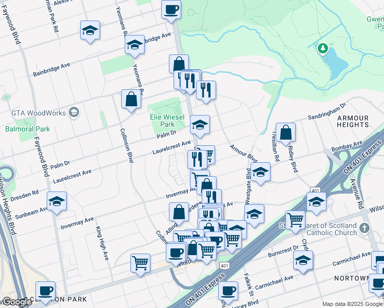 map of restaurants, bars, coffee shops, grocery stores, and more near in Toronto