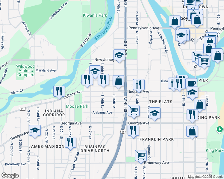map of restaurants, bars, coffee shops, grocery stores, and more near 1103 South 15th Street in Sheboygan