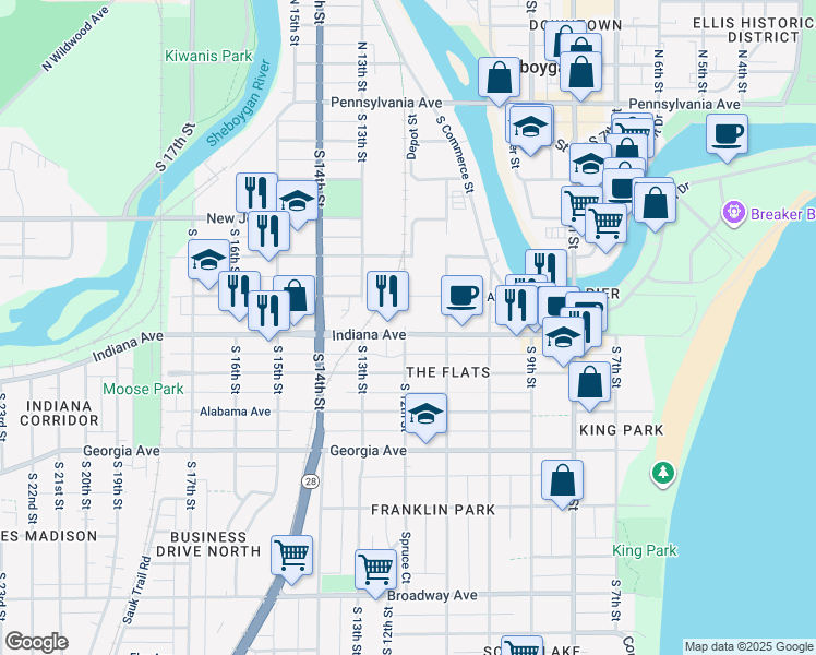 map of restaurants, bars, coffee shops, grocery stores, and more near 1136 Indiana Avenue in Sheboygan