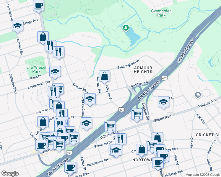 map of restaurants, bars, coffee shops, grocery stores, and more near 116 Bombay Avenue in Toronto