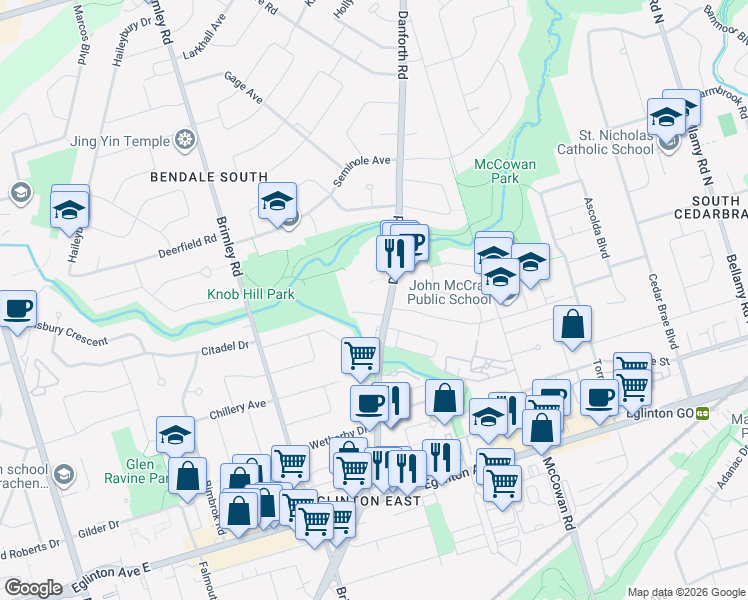 map of restaurants, bars, coffee shops, grocery stores, and more near 1340 Danforth Road in Toronto