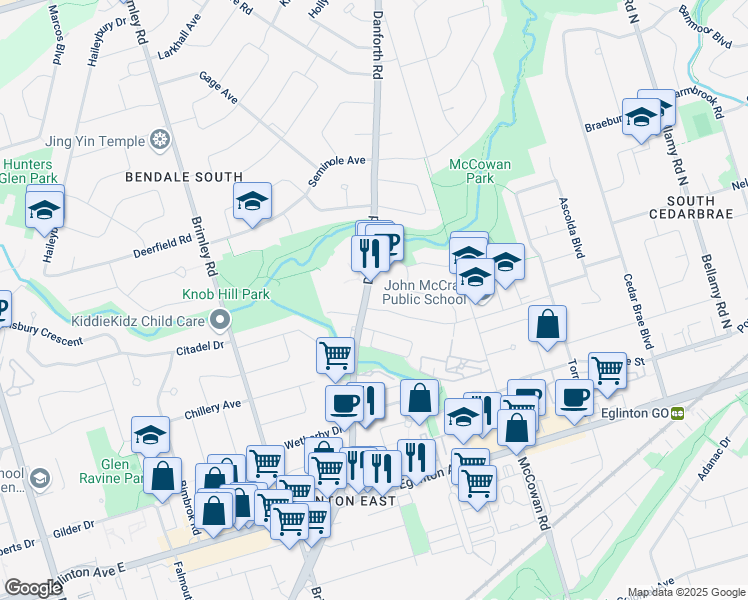 map of restaurants, bars, coffee shops, grocery stores, and more near in Toronto