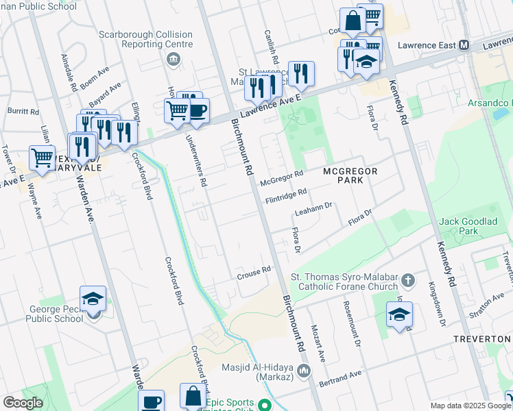 map of restaurants, bars, coffee shops, grocery stores, and more near 1190 Birchmount Road in Toronto