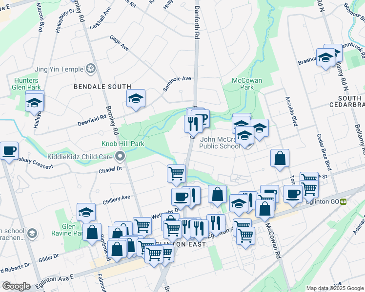map of restaurants, bars, coffee shops, grocery stores, and more near 1340 Danforth Road in Toronto