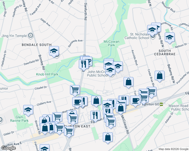 map of restaurants, bars, coffee shops, grocery stores, and more near 124 Thicketwood Drive in Toronto