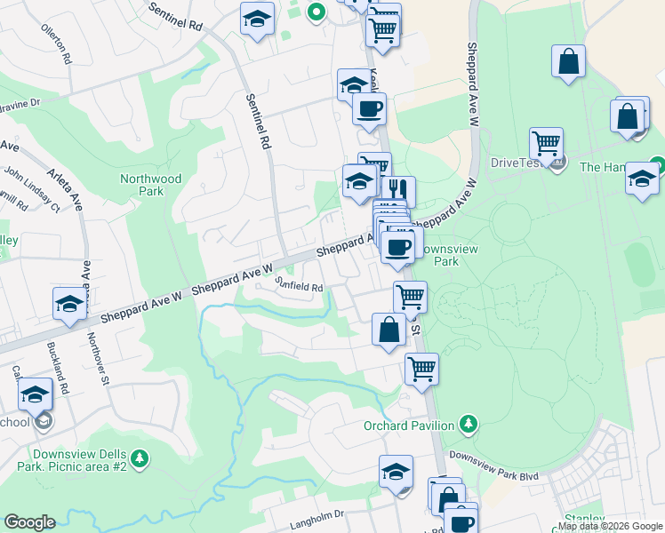 map of restaurants, bars, coffee shops, grocery stores, and more near 77 Norman Wesley Way in Toronto