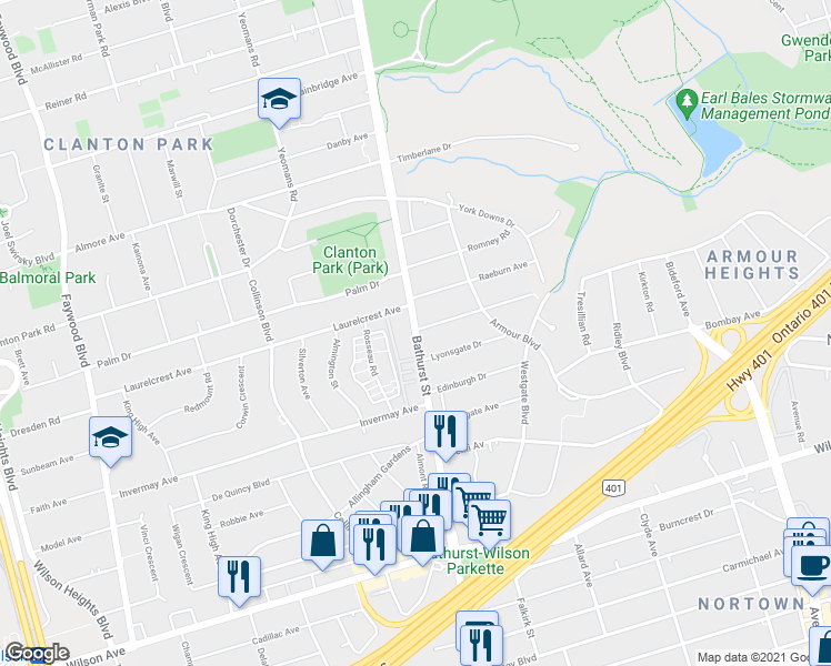 map of restaurants, bars, coffee shops, grocery stores, and more near 3892 Bathurst Street in Toronto