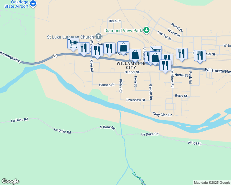 map of restaurants, bars, coffee shops, grocery stores, and more near 47539 Perkins Street in Oakridge