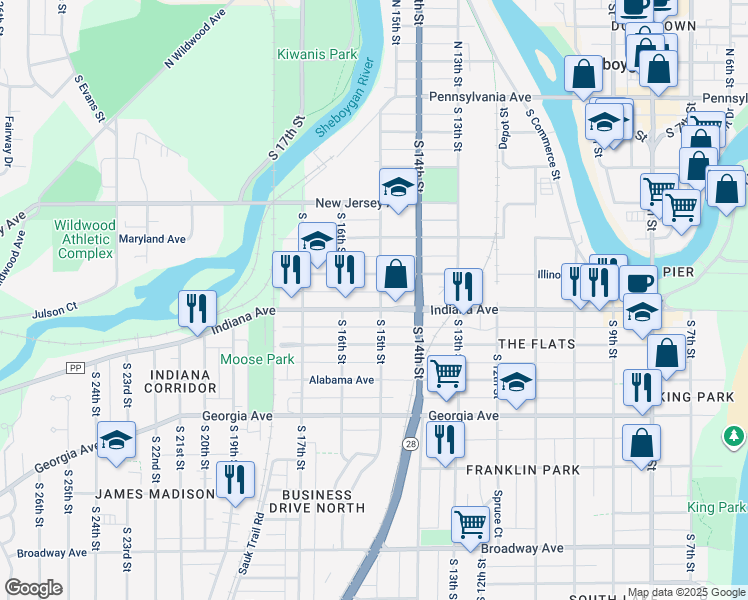 map of restaurants, bars, coffee shops, grocery stores, and more near 1103 South 15th Street in Sheboygan