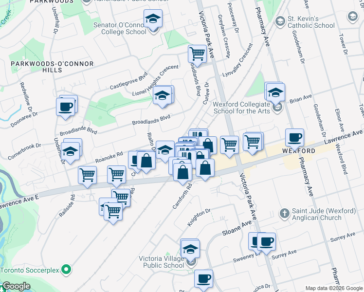 map of restaurants, bars, coffee shops, grocery stores, and more near 65 Curlew Drive in Toronto