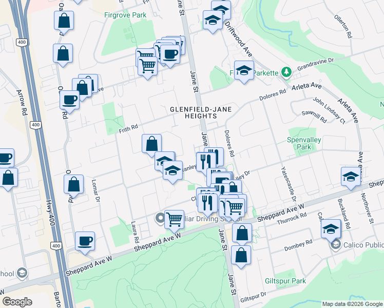 map of restaurants, bars, coffee shops, grocery stores, and more near 42 San Marino Way in Toronto