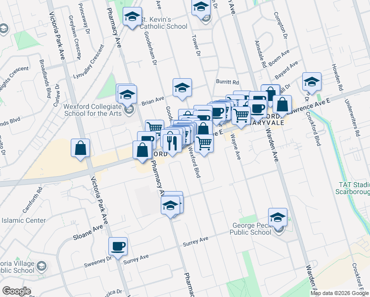 map of restaurants, bars, coffee shops, grocery stores, and more near 1883A Lawrence Avenue East in Toronto
