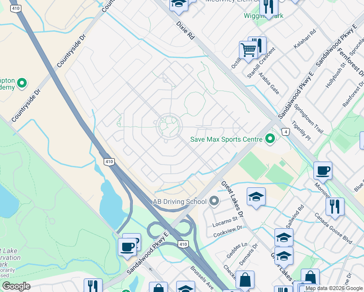 map of restaurants, bars, coffee shops, grocery stores, and more near in Brampton