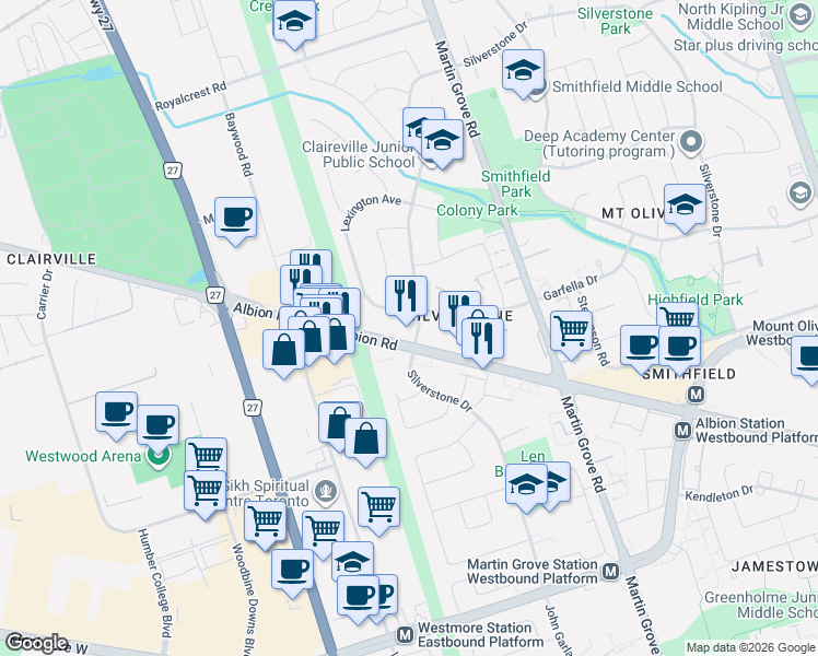 map of restaurants, bars, coffee shops, grocery stores, and more near 415 Silverstone Drive in Toronto