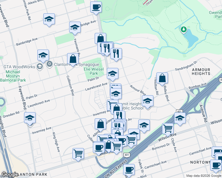 map of restaurants, bars, coffee shops, grocery stores, and more near 3894 Bathurst Street in Toronto