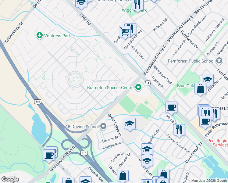 map of restaurants, bars, coffee shops, grocery stores, and more near 3 Tuscany Lane in Brampton