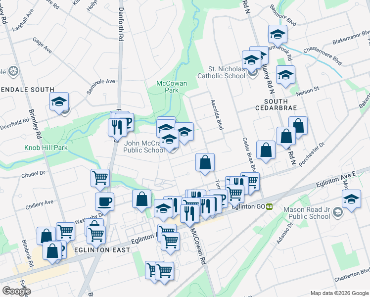 map of restaurants, bars, coffee shops, grocery stores, and more near 16 Fred Bland Crescent in Toronto
