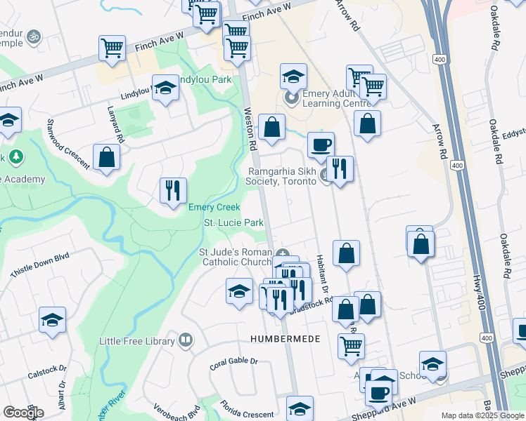 map of restaurants, bars, coffee shops, grocery stores, and more near 3328 Weston Road in Toronto