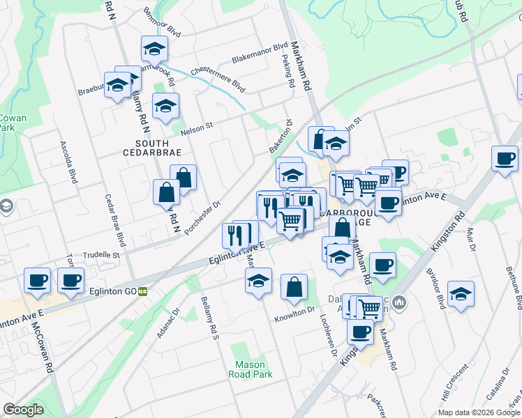 map of restaurants, bars, coffee shops, grocery stores, and more near Conn Smythe Drive in Toronto