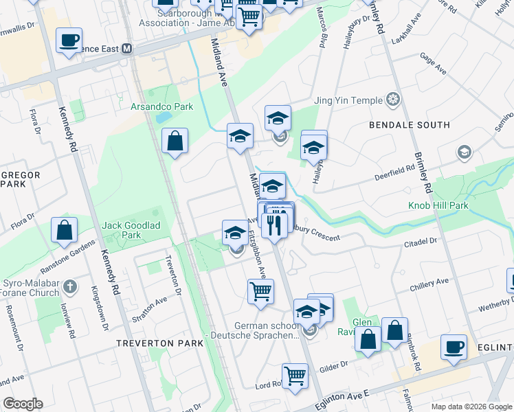 map of restaurants, bars, coffee shops, grocery stores, and more near in Toronto