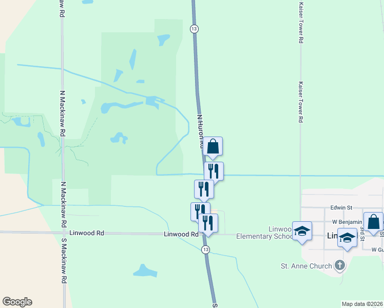 map of restaurants, bars, coffee shops, grocery stores, and more near 141 North Huron Road in Linwood