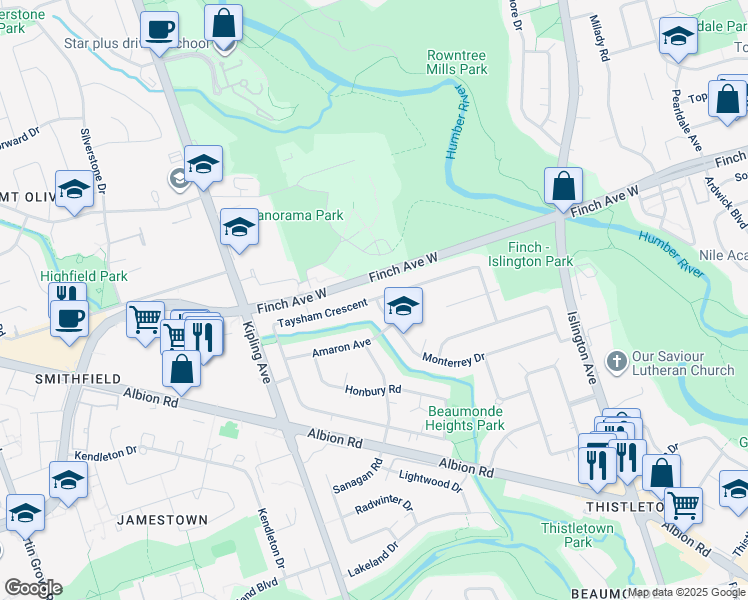 map of restaurants, bars, coffee shops, grocery stores, and more near 85 Taysham Crescent in Toronto