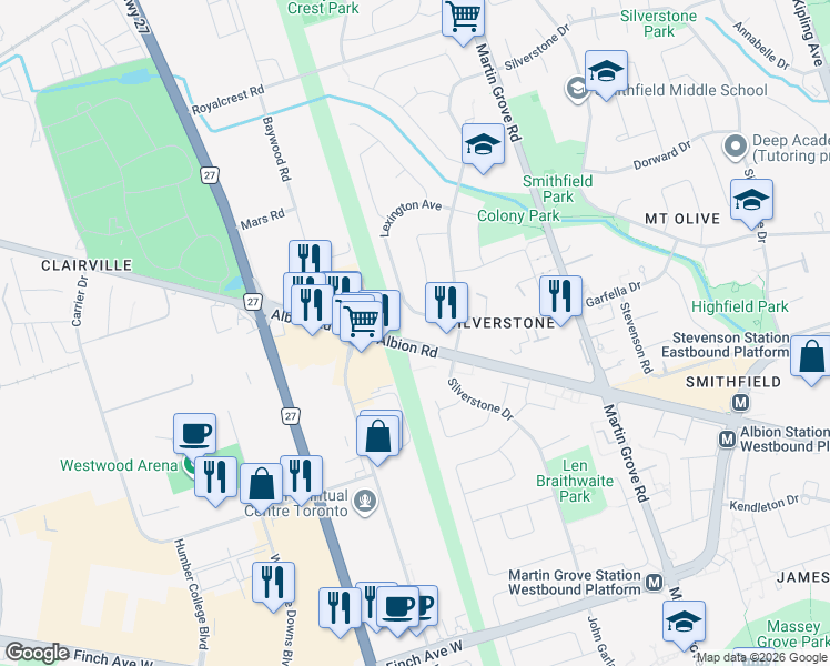 map of restaurants, bars, coffee shops, grocery stores, and more near in Toronto