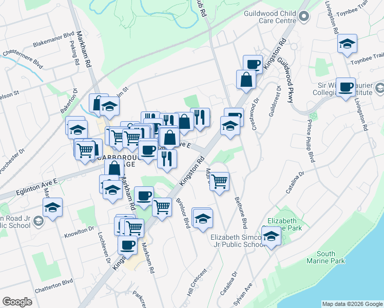 map of restaurants, bars, coffee shops, grocery stores, and more near 3233 Eglinton Avenue East in Toronto