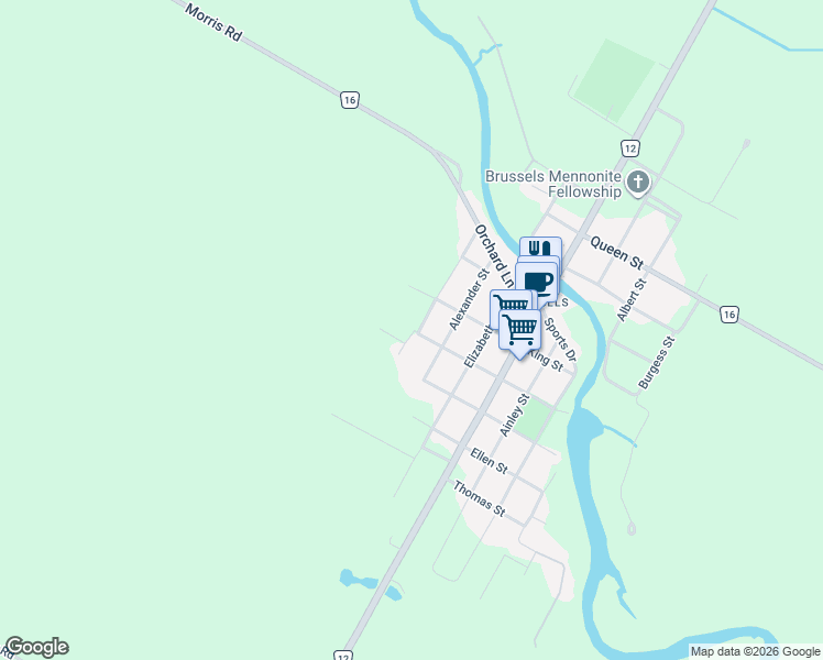 map of restaurants, bars, coffee shops, grocery stores, and more near 600 Fishleigh Street in Huron East