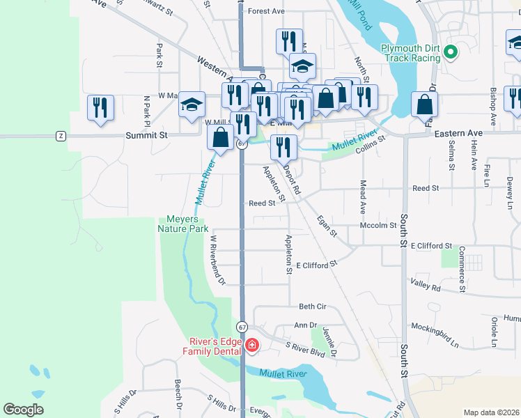 map of restaurants, bars, coffee shops, grocery stores, and more near 110 East Eastman Street in Plymouth