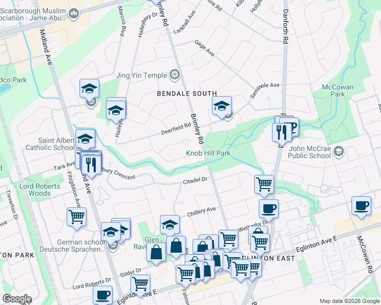 map of restaurants, bars, coffee shops, grocery stores, and more near 58 Gully Drive in Toronto