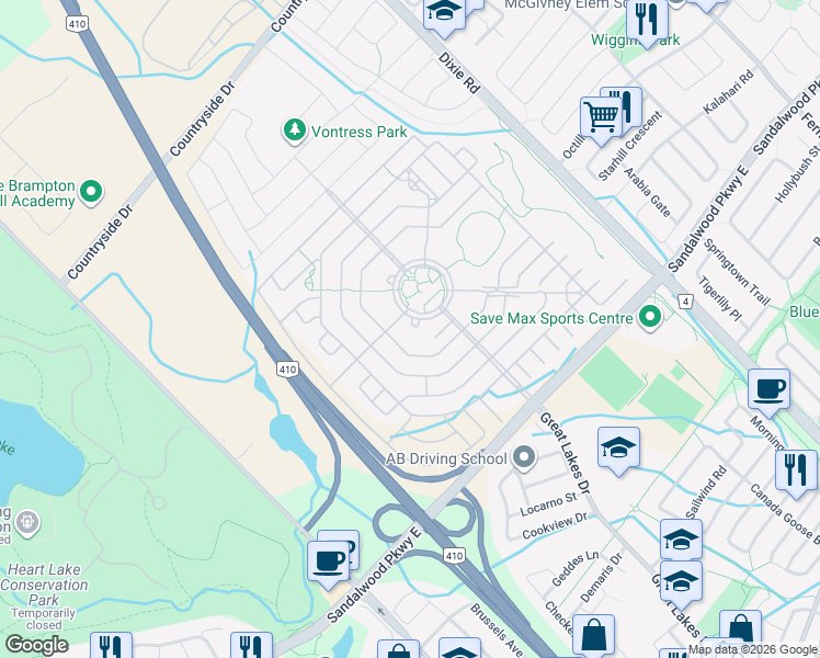 map of restaurants, bars, coffee shops, grocery stores, and more near 40 Via Rosedale in Brampton