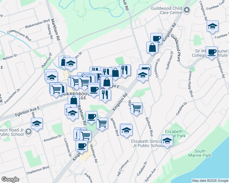 map of restaurants, bars, coffee shops, grocery stores, and more near 3231 Eglinton Avenue East in Toronto