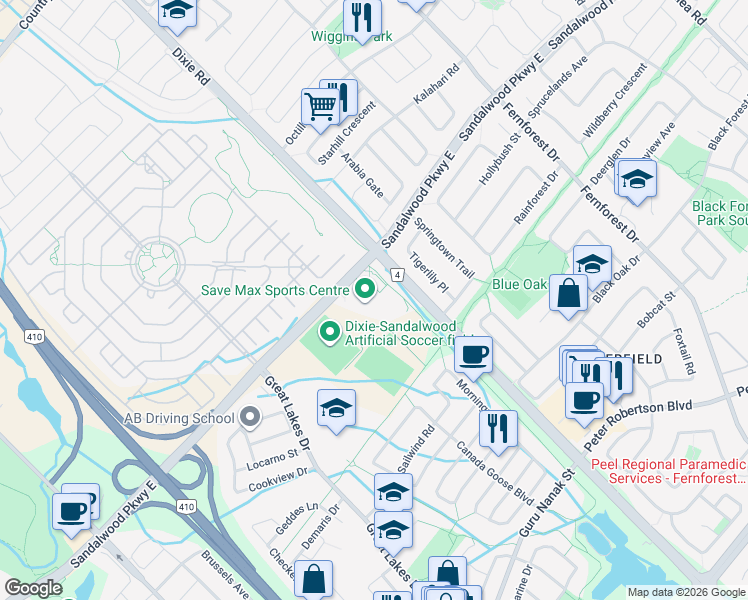 map of restaurants, bars, coffee shops, grocery stores, and more near 1495 Sandalwood Parkway East in Brampton