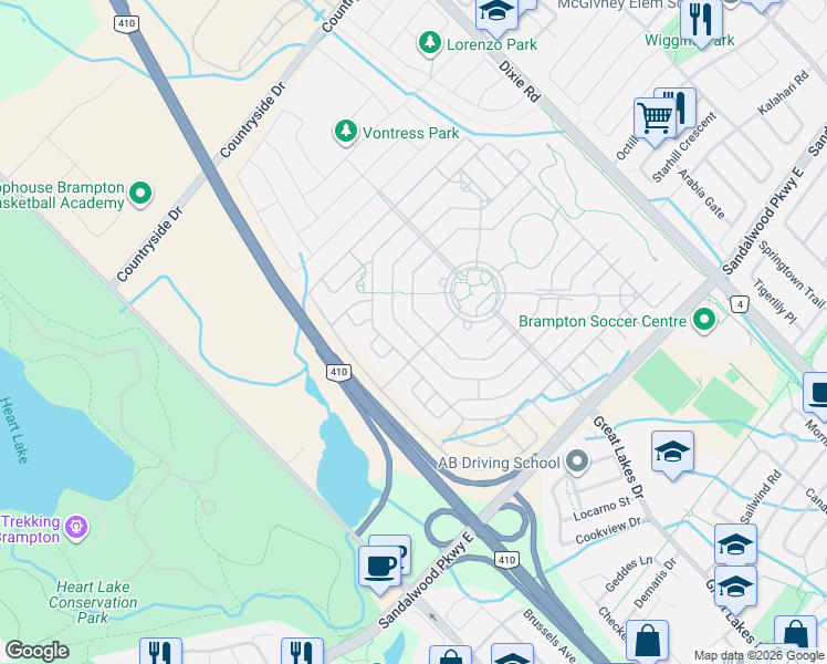 map of restaurants, bars, coffee shops, grocery stores, and more near 47 Seedhouse Road in Brampton
