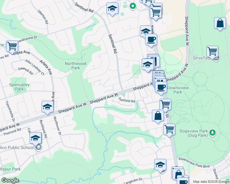 map of restaurants, bars, coffee shops, grocery stores, and more near 6 Sentinel Road in Toronto