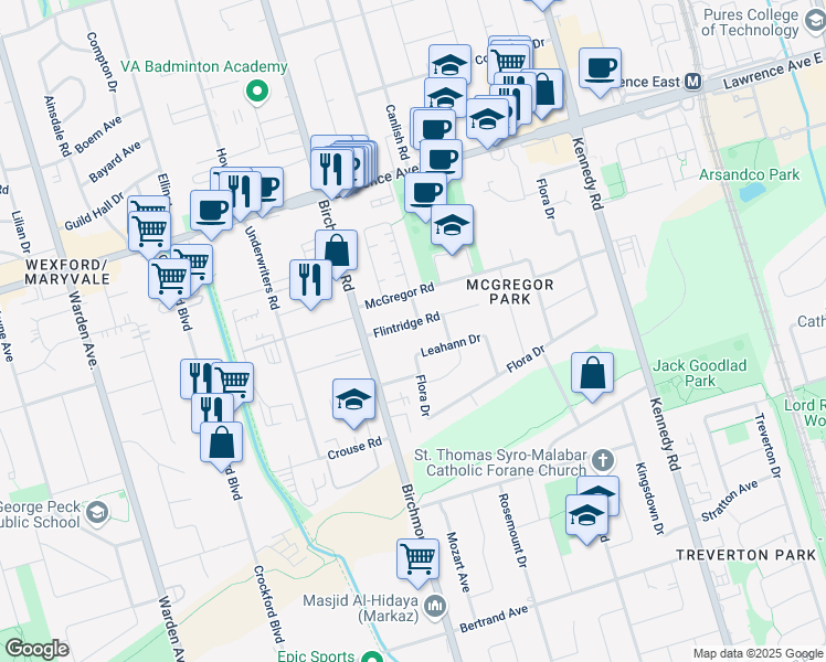 map of restaurants, bars, coffee shops, grocery stores, and more near 23 Flintridge Road in Toronto