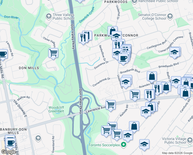 map of restaurants, bars, coffee shops, grocery stores, and more near 48 Greengrove Crescent in Toronto