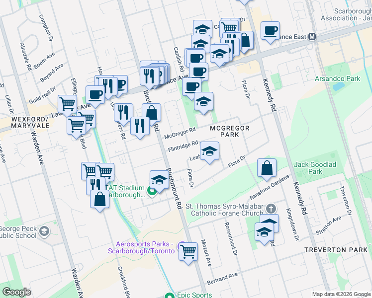 map of restaurants, bars, coffee shops, grocery stores, and more near 23 Flintridge Road in Toronto