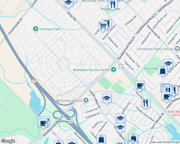 map of restaurants, bars, coffee shops, grocery stores, and more near 17 Golf Links Drive in Brampton