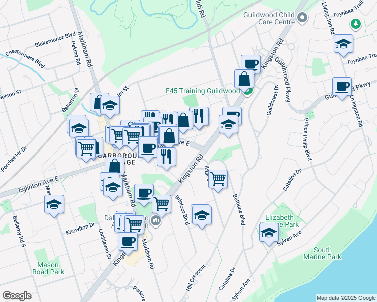 map of restaurants, bars, coffee shops, grocery stores, and more near in Toronto