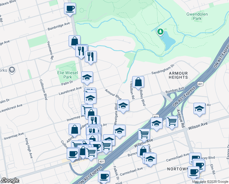 map of restaurants, bars, coffee shops, grocery stores, and more near in Toronto