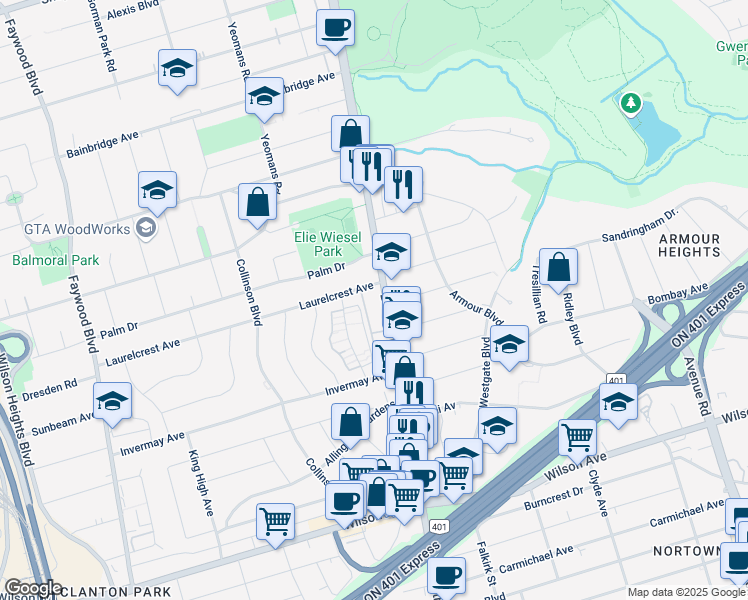 map of restaurants, bars, coffee shops, grocery stores, and more near in Toronto