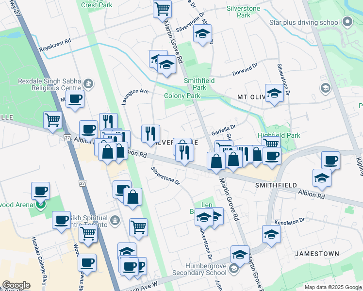 map of restaurants, bars, coffee shops, grocery stores, and more near 1694 Albion Road in Toronto
