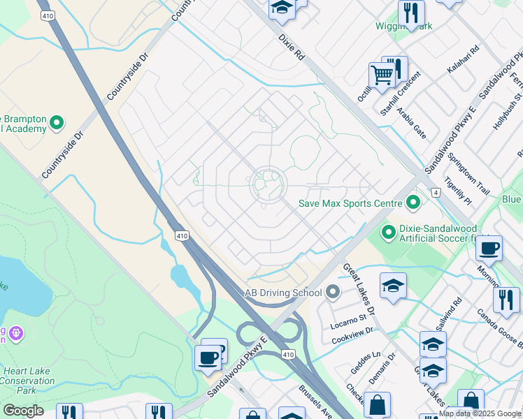 map of restaurants, bars, coffee shops, grocery stores, and more near 14 Alamode Road in Brampton