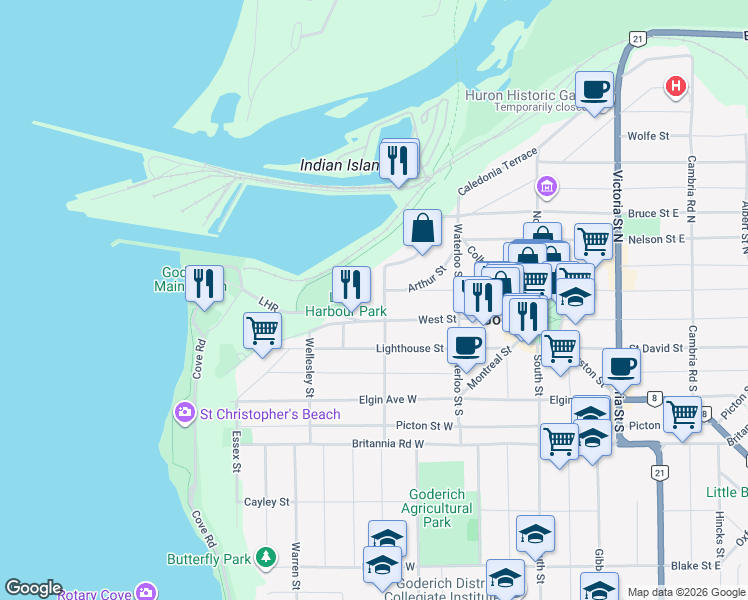 map of restaurants, bars, coffee shops, grocery stores, and more near 161 West Street in Goderich